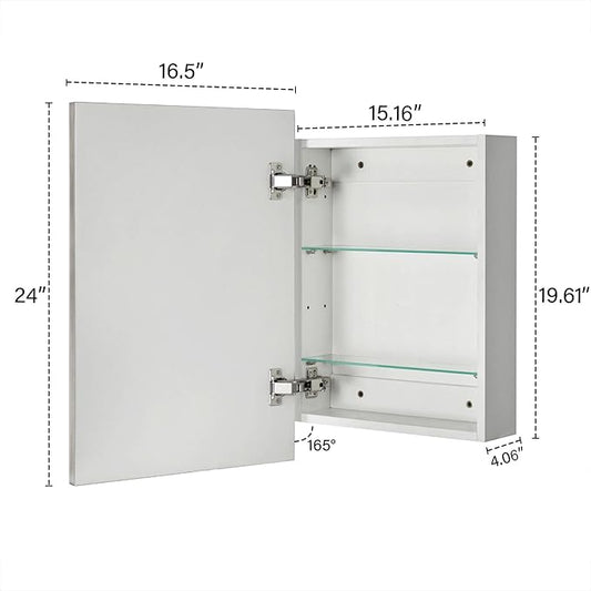 TEHOME 16.5'' x 24'' Brushed Nickel Recessed and Surface Mount Bathroom Medicine Cabinet with Mirror Square Cornered Metal Framed Rounded Rectangle Medicine Cabinet Mirror