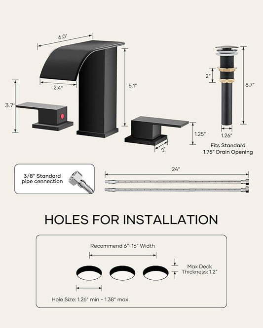 Matte Black Waterfall Bathroom Faucet 3 Hole, 8 Inch Widespread Modern 3 Piece Bathroom Sink Faucet, Touch On Lavatory Faucet for Vanity RV Restroom, Curved Spout