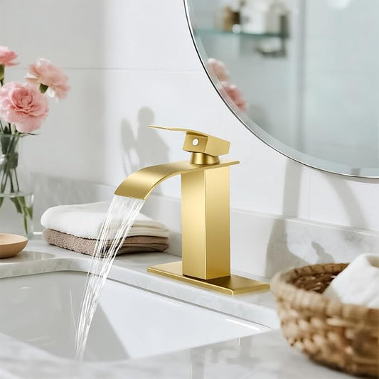 Brushed Gold Bathroom Faucets, Waterfall Bathroom Sink Faucet | Single Handle, Stainless Steel, Vanity Faucet with Deck Plate, Pop-up Drain, For 1 or 3 Hole, RV, Farmhouse