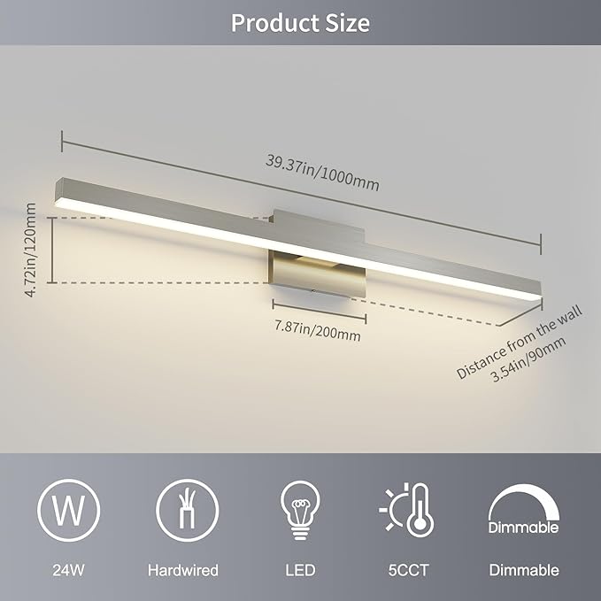 Joossnwell Brushed Nickel Bathroom Vanity Light Fixture Over Mirror | Dimmable 5CCT Modern Bathroom Light Fixtures 39.37 Inch LED Vanity Lighting Bath Light ETL Certificated