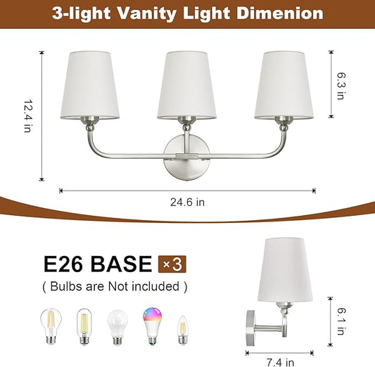 Bathroom Vanity Light, Brushed Nickel Bathroom Light Fixtures, 3-Light Lighting Fixtures Over Mirror, Modern Wall Sconce with Flared White Fabric Shade, E26 Socket(ETL Listed)