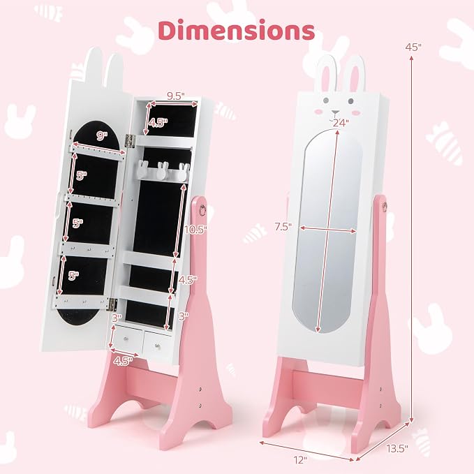 CHARMAID Kids Mirror Jewelry Cabinet - 45" Standing Jewelry Armoire with Full Length Mirror, Bunny Shaped Vanity Dressing Mirror for Girls, Kids Jewelry Organizer with Storage Drawers (White)
