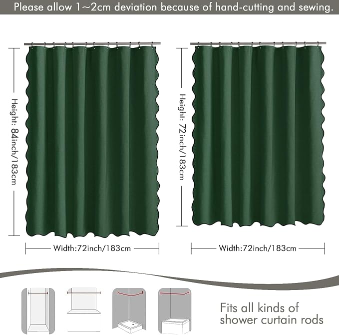 MIULEE 72"x84" Extra Long Scalloped Linen Shower Curtain Dark Green | Linen Textured, Waterproof, Washable, 12 Metal Hooks, Heavy Duty Cloth, Black Border, Shower Curtain for Bathroom Bathtub