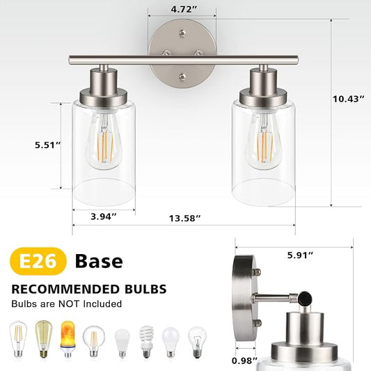 2 Light Vanity Lights, Brushed Nickel Wall Sconce Light with Clear Glass, Bathroom Light Fixtures, Wall Lights for Mirror, Living Room, Bedroom, Hallway, E26 Base (Bulbs Not Included)