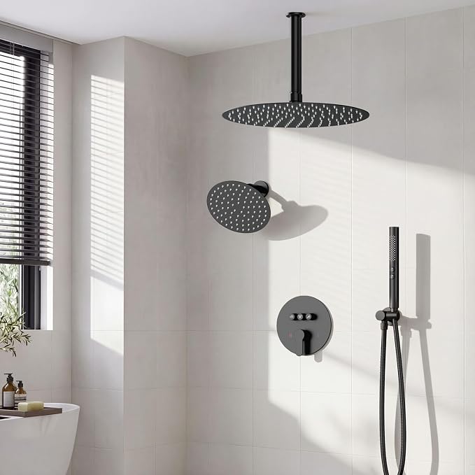 Shower Systems Round Shower Faucet Sets,12+6" Dual Rainfall Shower head with 2 in 1 Handheld Spray, Ceiling Mount Push Button Shower Set with Valve and Trim Kit Matte Black,Can Use All at Once