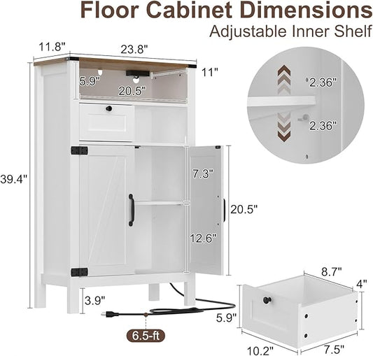 Bathroom Floor Cabinet with Outlets, Farmhouse White Cabinet with Doors, Drawer, Bathroom Storage Cabinet Hutch Cupboard Organizer for Kitchen Pantry, Laundry, Entryway, Rustic