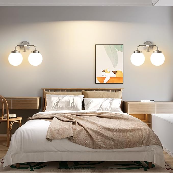 Bathroom Light Fixtures 14in 2-Light Brushed Nickel Vanity Light for Mirror | Dimmable Bathroom Lighting Fixtures over Mirror, ETL, E12 Base Max 60W, Modern Wall Sconce, Milky White Glass Ball Shades