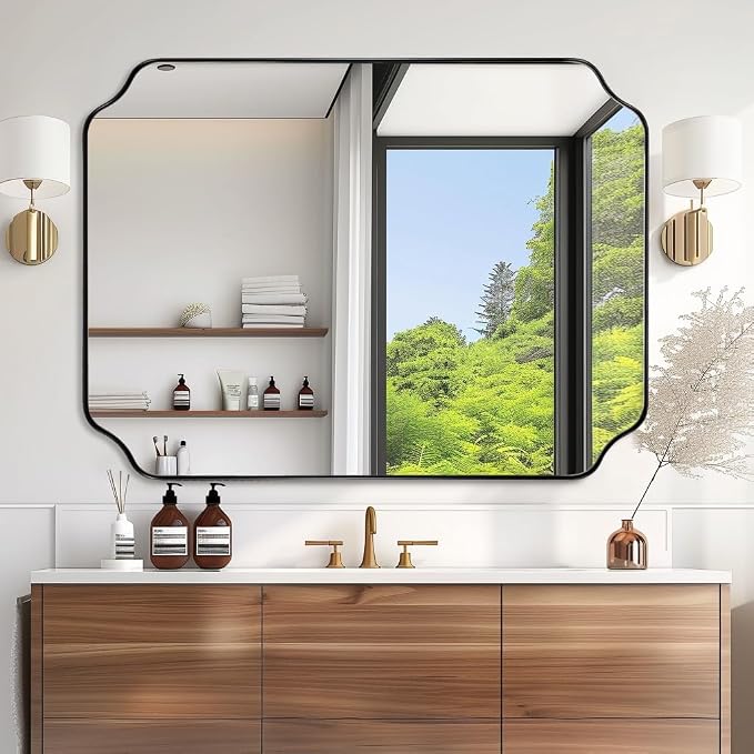 30x36 Inch Bathroom Mirror, Matte Black Vanity Mirror, Modern Scalloped Mirror in Premium Stainless Steel Metal Thin Frame, Unique Rounded Notched Corners, Hangs Vertically or Horizontally