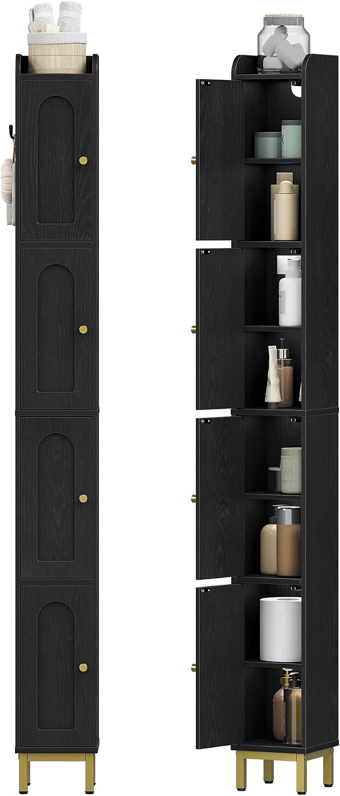 Hzuaneri 4-Tier Narrow Tall Storage Cabinet | Slim Bathroom Storage Cabinet with 4 Adjustable Feet and Shelves, for Living Room, Laundry Room, Black, 7.9"Dx7.9"Wx70.9"H
