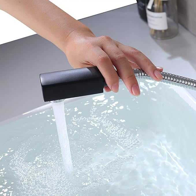 KAIYING Bathroom Pull Down Vessel Sink Faucet, Lavatory Single Hole Basin Sink Faucet with Pull Out Sprayer, Single Handle Utility Mixer Tap with Rotating Spout (Tall, Black)