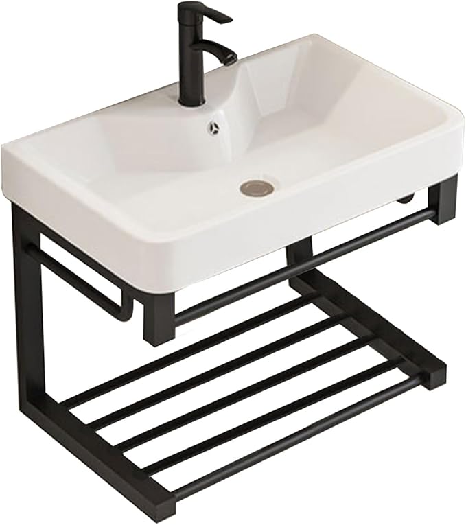Floating wall-Mounted Bathroom 17-inch Vanity with Ceramic washbasin, Open Shelf, and Black mini Small Bathroom Vanity