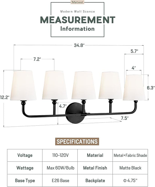 Bathroom Light Fixtures, 5 Light Matte Black Vanity Lights with Flared White Fabric Shade, 35 Inch Wall Sconce, Modern Sconces Wall Lighting for Hallway Bedroom, VL837-MB-5