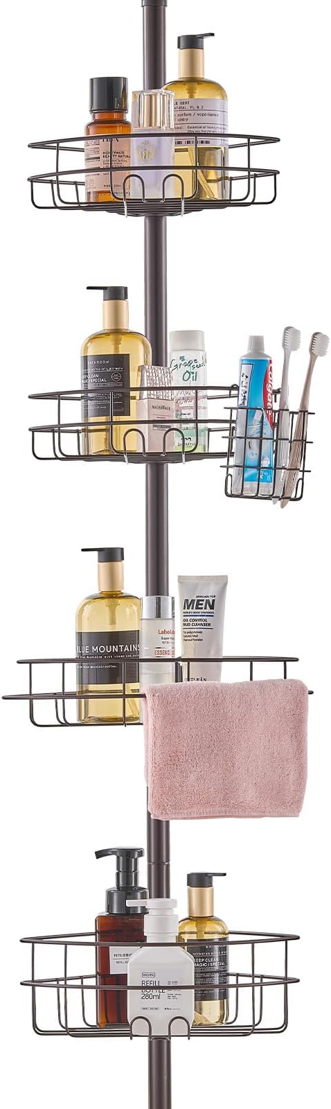 VEVOR Corner Shower Caddy Tension Pole, 4 Tier Adjustable Rustproof Organizer Shelves for Bathroom & Washroom, 42-114inch High, Bronze