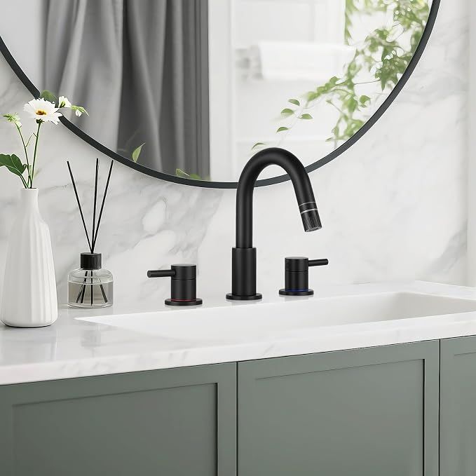 8 Inch Pull Down Bathroom Faucet 3 Hole,Black Bathroom Sink Faucet | Stainless Steel,Pull Down Sprayer,3 hole Widespread,with Pop-up Drain,Water Supply Hoses,Two Water Flow Modes, Black