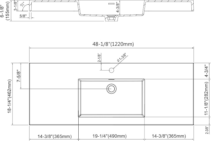 Dowell 48" Bathroom Sink,Single Bowl Vanity Basin,Rectangular Drop-In Bathroom Sink with Overflow,White-000 4818BPS