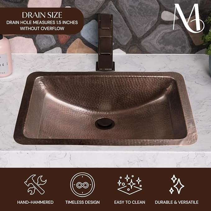 Monarch Abode Bathroom Sink – 21-Inch Venitian Dual Mount Undermount or Drop In Bathroom Sinks, Bathrooms Hand Hammered Pure Copper Vanity Sink for Countertop, Powder Room, Bath, or Restroom