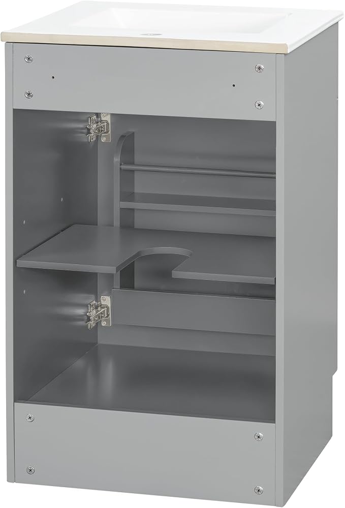 Christopher Knight Home Vanes Wood Frame 20" Bathroom Vanity with Ceramic Sink, Cabinet with Soft-Closing Door Shelf and Adjustable Shelf, Open Back, Metal Hardware, Storage/Organizer, Gray