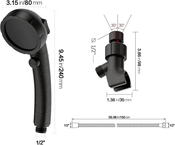 High Pressure Oil-Rubbed Bronze Handheld Shower Head with ON/OFF Switch, 3 Spray Modes, Adjustable Angle Bracket, and Hose | 3 Spray Modes Shower Wand with Shut Off Button, Camper & RV Showerhead with Hose & Angle Adjustable Holder, Oil-Rubbed Bronze
