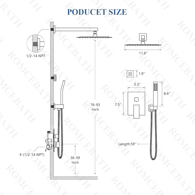 Rain Shower System With Complete 4 Pcs Body Sprays Jets And Pressured Balance Rough-in Valve,12Inch Rainfall Shower Head And Handheld, Modern Matte Black Wall Mount Shower Faucets Sets