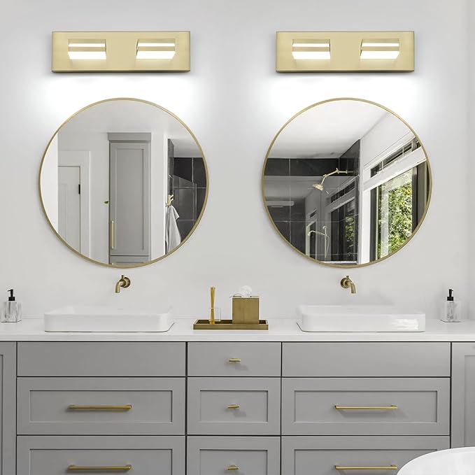 2 Light Bathroom Vanity Light Gold Modern 16W LED Dimmable Vanity Light Over Mirror 350° Adjustable Lamp Head Cold White 6000K ETL Listed 15.5Inch
