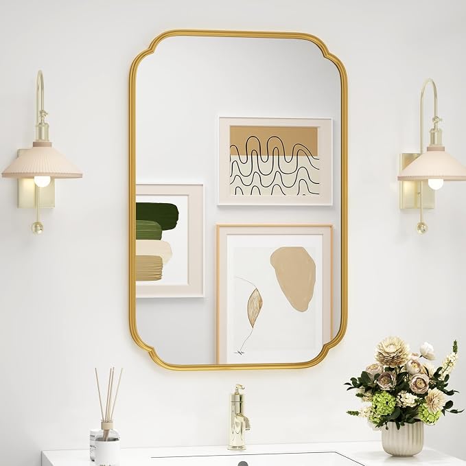 SMIROR 24x36 Gold Scalloped Corner Bathroom Vanity Mirror for Wall | Metal Frame, Scalloped Rectangle, Anti-Rust, Horizontally or Vertically Mounted
