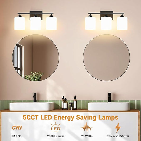 Quntis Black Bathroom Light Fixtures Over Mirror 5 Colors Adjustable, 3 Lights LED Bathroom Vanity Lighting with Milky White Frosted Glass Shade, Energy-Saving LED Vanity Light 18.9 inch