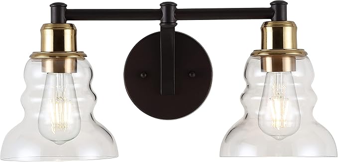 JONATHAN Y 18.5" Brass Gold/Oil Rubbed Bronze Modern Industrial Rustic 2-Light LED Vanity Light with Clear Glass Shade, Vintage Wall Sconce for Bathroom Kitchen Hallway, LED Bulb Included (JYL3545A)