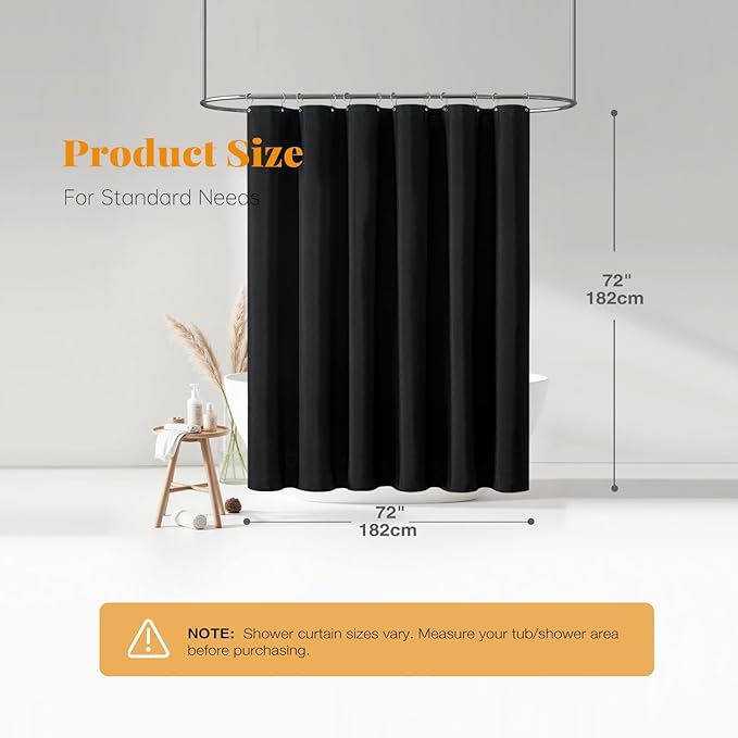 Black Linen Textured Waterproof Thick Fabric Shower Curtain Set, 72x72 | 230GSM Polyester, Heavy Duty Cloth, Weighted Hem, 12 Plastic Hooks, Modern Hotel Style, Machine Washable, Bathroom Decor