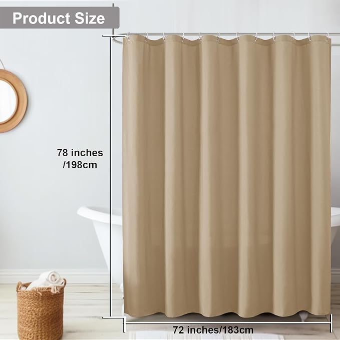 Zora 78 Inch Shower Curtain Set with 12 Plastic Hooks, Plain Fabric Taupe Shower Curtain for Bathroom - Long Shower Curtain, Water Resistance, Machine Washable Soft Cloth, 72X78, Taupe