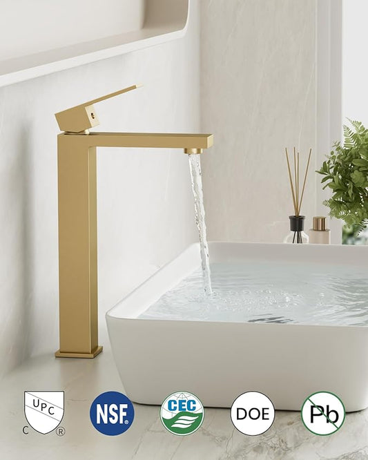 gotonovo Vessel Sink Faucet Single Handle Tall Bathroom Faucet One Hole Modern Lavatory Vanity Basin Mixer Tap Matching Supply Hoses and Pop up Drain Without Overflow, Brushed Gold
