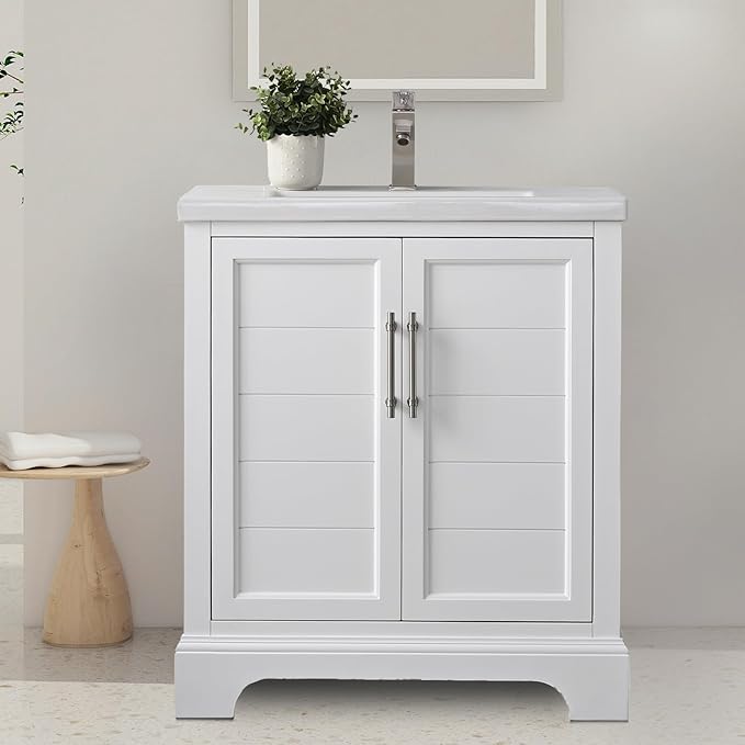 HOMEBEYOND 30 Inch Bathroom Vanity with Single Sink & Ceramic Top, Vanity Cabinet with Center Countertop Basin, Soft-Closing Doors,White