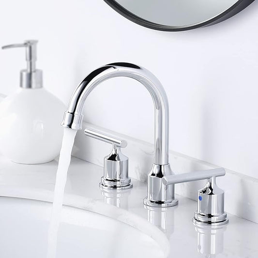 WOWOW Chrome Bathroom Faucet Widespread Bathroom Sink Faucet 3 Hole Vanity Faucet 8 Inch Brass Basin Faucet 2 Handle Tall Bathroom Tap with Drain and Hoses