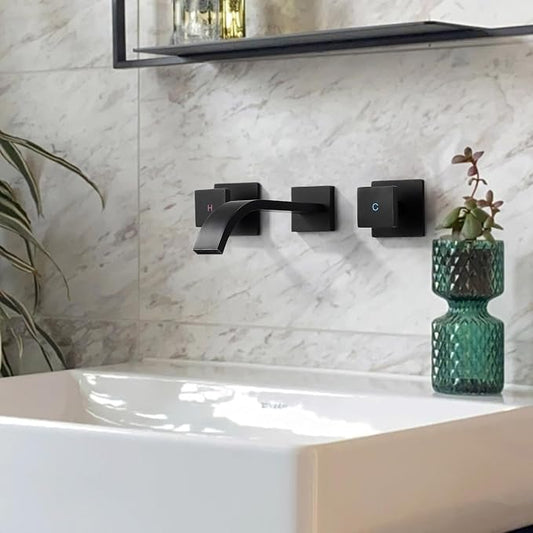 Wall-Mounted Bathroom Sink Faucet, Matte Black Bathroom Faucet | Waterfall Bathroom Faucet with Two Handles, Brass Bathroom Sink Faucet, Wall-Mounted Washroom Faucets and Rough-in Valve
