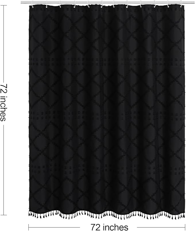 Black Boho Woven Fabric Shower Curtain with Tassel 72x72, Tufted Textured | Modern Farmhouse Curtain for Bathroom, Standard Bathroom Curtain, Minimalist Decor, Waterproof