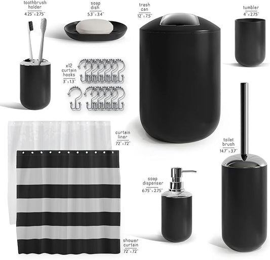 Clara Clark Bathroom Set - Black Bathroom Accessories Set, 20PC Bathroom Accessory Set, Shower Curtain Set, Soap Dispenser, Toilet Brush, & Trash Can