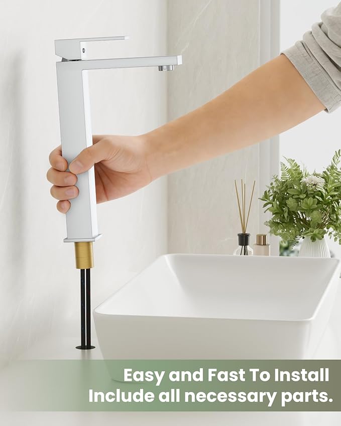 gotonovo Bathroom Vessel Sink Faucet with Pop Up Drain, Polish Chrome | Tall Bathroom Faucet 1 Hole Single Handle, Modern Square Body, cUPC Water Supply Line, SUS304, for Basin Vanity Restroom Rv