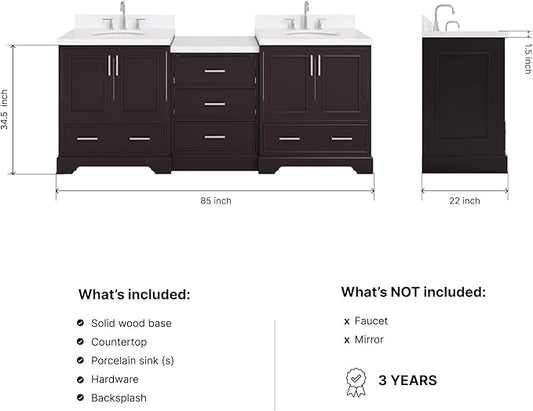 ARIEL Stafford 84-inch Bathroom Vanity with Sink,Solid Wood, 1.5in Carrara White Quartz Countertop & Backsplash, Double Oval Porcelain Sink, 4 Soft Closing Doors, 5 Dovetail Drawers, Espresso