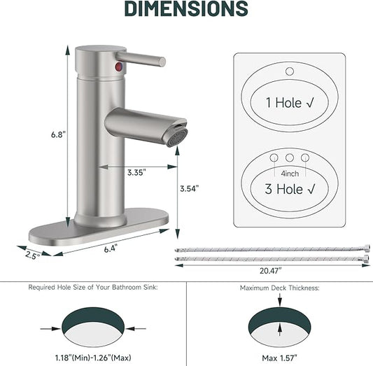 Brushed Nickel Bathroom Faucets, Greenspring Single Handle One Hole Bathroom Sink Faucet, Water Saving Lavatory Vanity Sink Faucet with Cover Plate Commercial Mixer Tap Supply Line, Brass