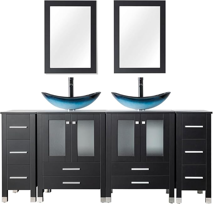 LUCKWIND 72" Double 24-in Bathroom Vanity with Sink Combo, Elegant Series with Two 12.6-in Side Cabinets, Painted Frame, Including Blue Boat Sinks, Faucets Without Mirrors, Black