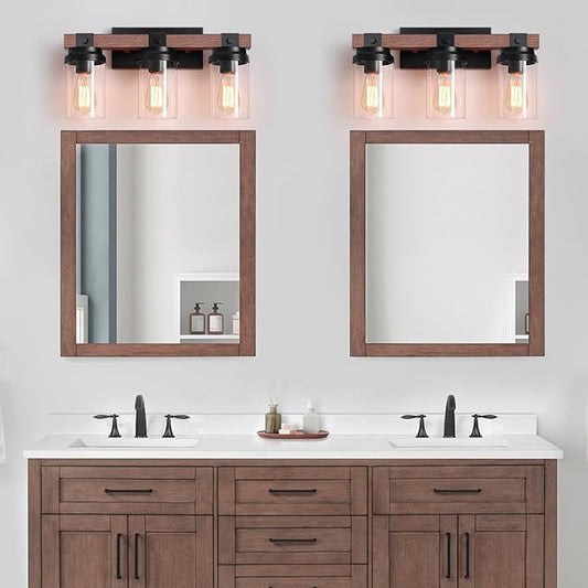 3 Light Farmhouse Vanity Light, Rustic Black Bathroom Light Over Mirror with Clear Glass Shade, Wood Grain Vintage Farmhouse Wall Sconces for Bathroom, Living Room, Hallway