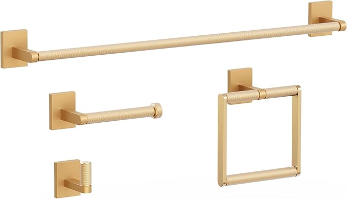 Bathroom Hardware Set 4 Piece Brushed Nickel/Brushed Gold Bathroom Accessories Set Including 24" Hand Towel Bars, Toilet Paper Holders, Towel Rings, Robe Towel Hooks (4pcs, Brushed Gold)