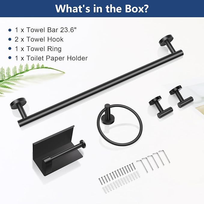 TQKAG Bathroom Hardware Set Black, 5 Piece Bathroom Towel Bar Holder Sets | SUS304 Stainless Steel, 23.6" Toilet Paper Holder with Shelf, Towel Racks for Bathroom Wall Mounted, Matt Black Towel Bars