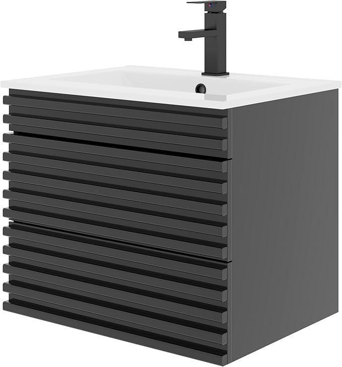 LUCKWIND 24" Floating Bathroom Vanity with Sink, Mid-Century Wall Mounted Big Drawer Cabinet with Ceramic Sink, Water Saving Faucet and Wood Stripes Style, Black