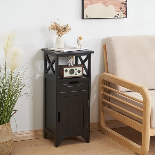 Assembled 30in Height Nightstand, Pre- Assembled Bathroom Floor Cabinet with Shelf and Storage Drawer, Black Tall End Table No Assembly Chest for Living Room Bedroom