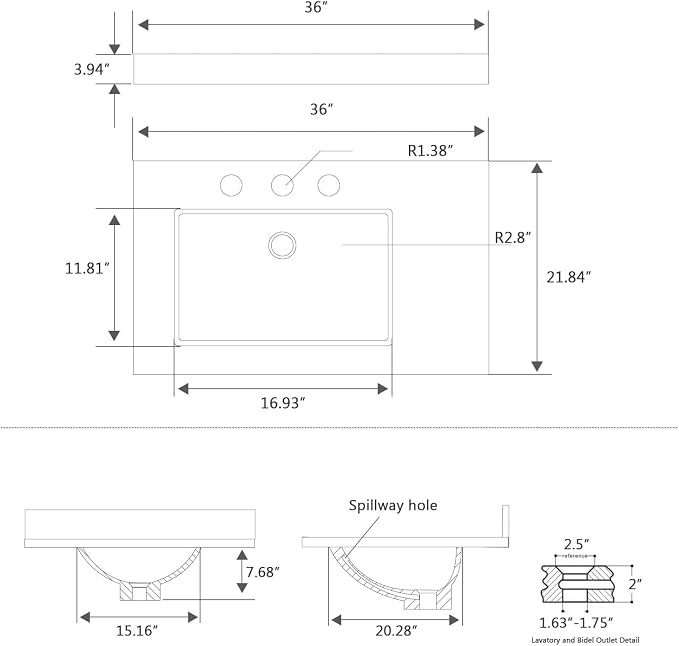 36 Inch Engineered Stone Bathroom Vanity Sink Top, with Undermount Rectangular Right Side Sink, Vanity Countertop with 8 inch Faucet Hole Spacing and Backsplash in Lightning White