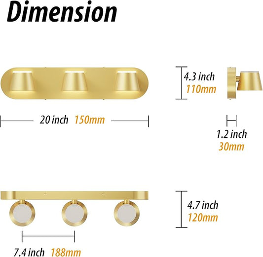 URSOLA 3 Light Bathroom Vanity Light, LED Gold Wall Light Fixtures, Up and Down Rotatable Dimmable 20 inch Bathroom Lighting Fixtures Over Mirror