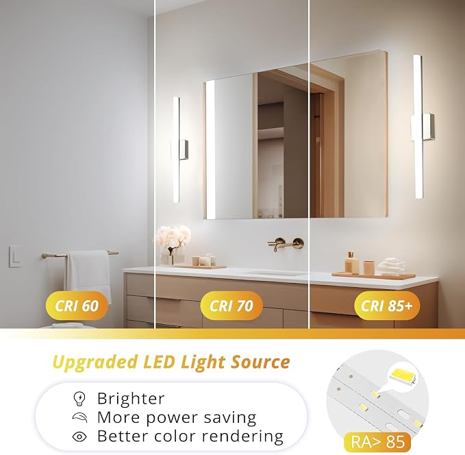 Lights for Bathroom Vanity Fixtures Above Mirror, Modern Wall Lamp | 24 Inch Long, Chrome, Soft Shadow Free, Linear, for Power Room, Rustproof, 4000K Natural White, Lampara para Baño, 1 Pack