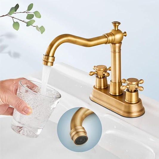 Aolemi 4 Inch Centerset Bathroom Sink Faucet Vintage 2 Cross Handle RV Mixer Tap Basin Vanity Lavatory Utility for Sink 3 Hole Include Hoses Pop Up Drain Faucet Handle Without Label Antique Brass