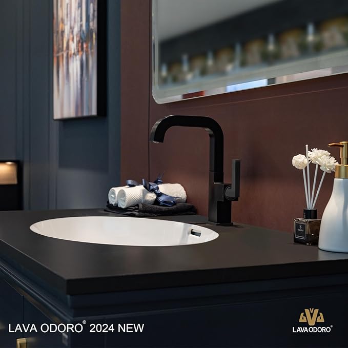 Black Bathroom Faucet Single Hole, Lava Odoro Bathroom Black Sink Faucet Single Handle Matte Black Vanity Faucet with Drain Assembly, Solid Brass Vessel Sink Faucet Deck Plate Included, BF204-MB