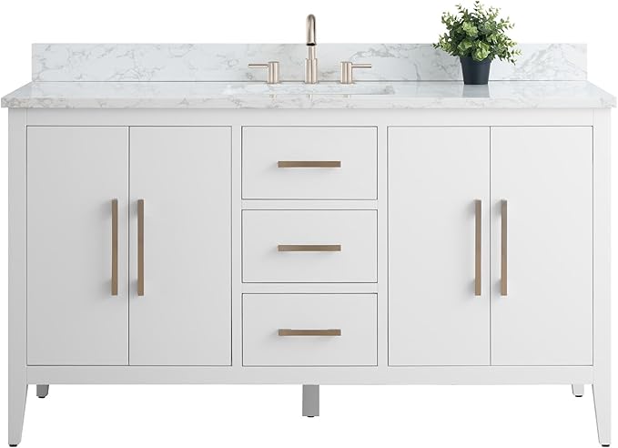 Vanity Art 60 inch Bathroom Vanity with Single Sink & Ceramic Top, Vanity Cabinet with Soft-Closing Doors, Drawers, Solid Wood Frame, White, VA9060-SW-BN1
